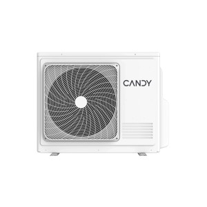 Unità esterna bianca del condizionatore Candy con griglia della ventola.