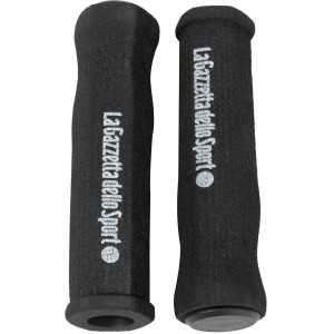 Manopole per bici nere con scritta per un maggiore comfort durante il ciclismo.