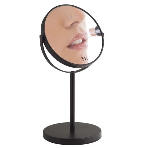 Specchio da trucco nero con ingrandimento 5x per l'applicazione del trucco.