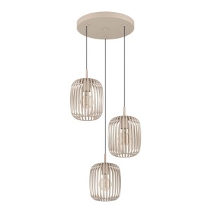 Moderna lampada a sospensione t.b.t. con tre paralumi a listelli di legno.