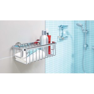 Cestello doccia cromato Tesa Aluxx (25 cm) con asciugamano, shampoo e bagnoschiuma a parete.