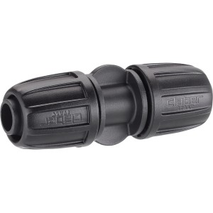 Connettore nero per sistemi di irrigazione interrati.