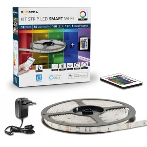 Set striscia LED t.b.t. con telecomando, alimentatore e striscia LED arrotolata.