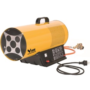 Generatore d'aria calda giallo t.b.t. per officina e garage. Riscaldatore industriale robusto con attacco gas.