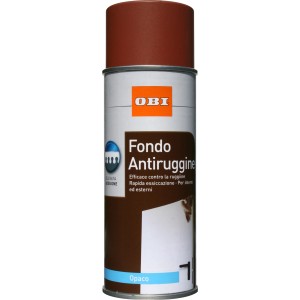 Primer antiruggine OBI in bomboletta spray marrone. Protegge i metalli dalla corrosione.