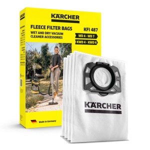 Set filtri in vello Kärcher: 4 sacchetti resistenti per aspirapolvere. Scatola gialla, sacchetti bianchi.