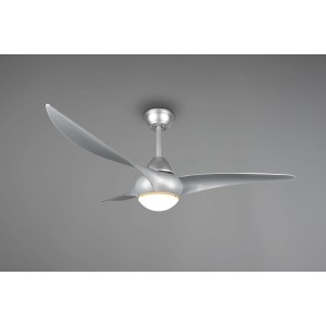 Ventilatore da soffitto argento con tre pale e luce integrata.