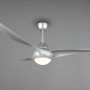 Ventilatore da soffitto argento con tre pale e luce integrata.