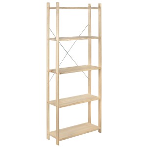 Scaffale aperto in legno con cinque ripiani, ideale per libri e decorazioni.