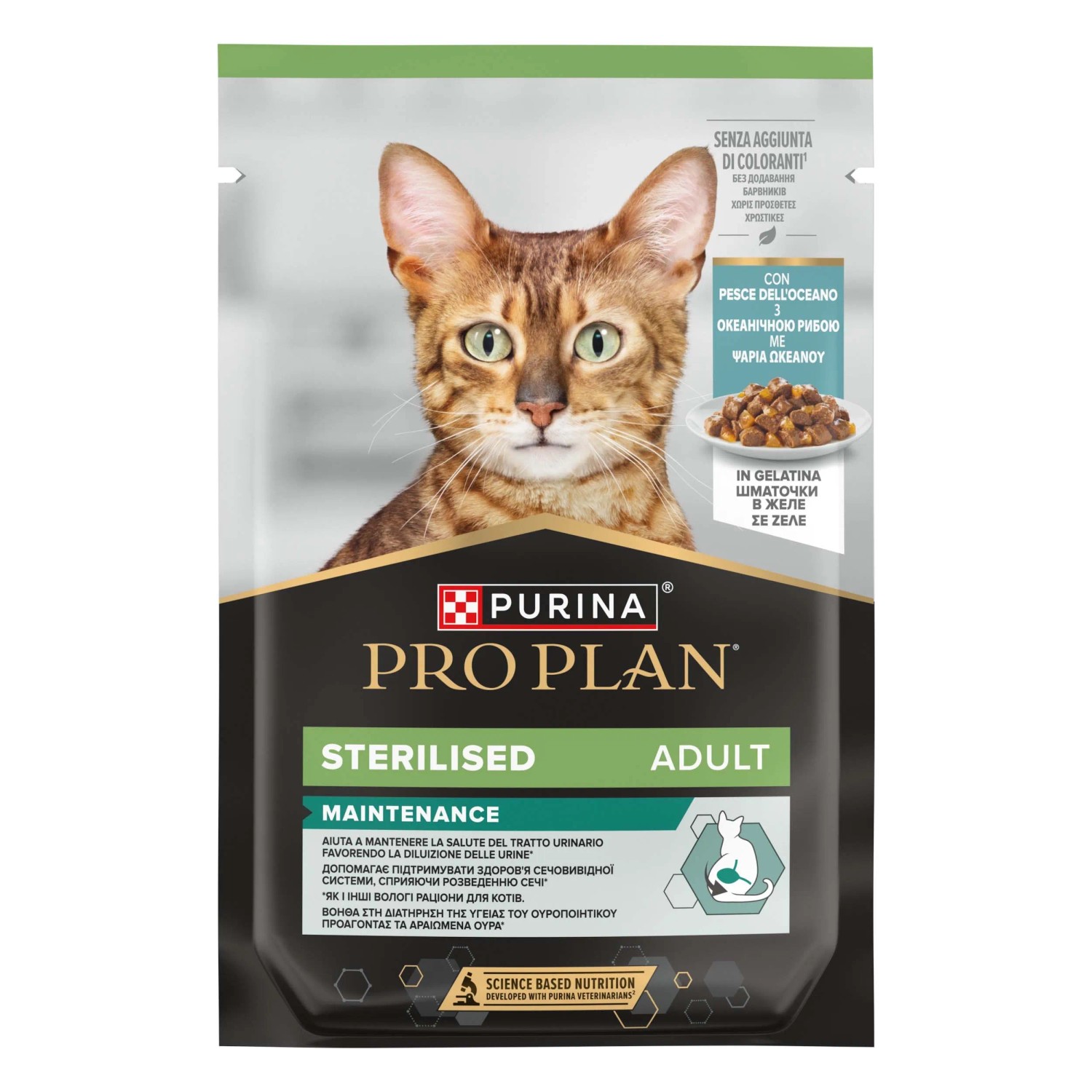 Purina Pro Plan Sterilised Adult cibo umido per gatti con pesce, in busta.