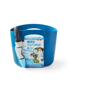 Secchio blu con tubo per irrigazione Aquapop e confezione. Tubo per irrigazione giardino.