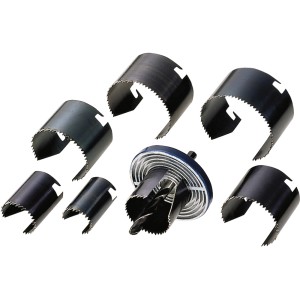 Set di seghe a tazza da 9 pezzi (25-62mm) con adattatore e punta da trapano per fori precisi nel legno.