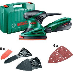 Set levigatrice multifunzione Bosch PSM 160 A con accessori e valigetta.