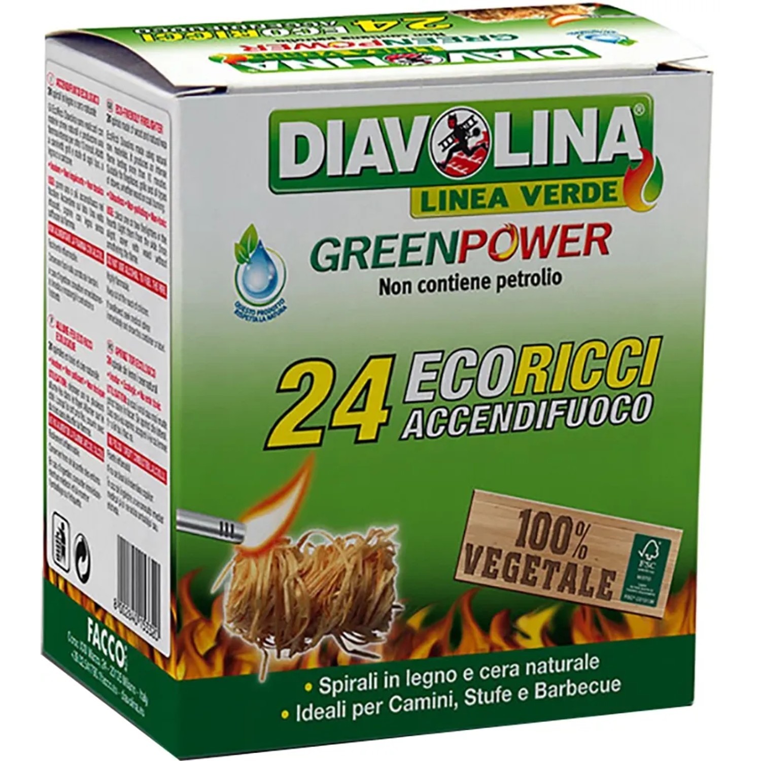 Diavolina Green Power accendifuoco, 24 pezzi, per camino, stufa e barbecue. Accendifuoco in legno e cera.