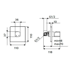 Disegno tecnico del rubinetto per lavabo t.b.t. con dimensioni.