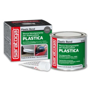 Saratoga Plastic Bond stucco per riparazioni in plastica, set con barattolo, tubo e scatola.