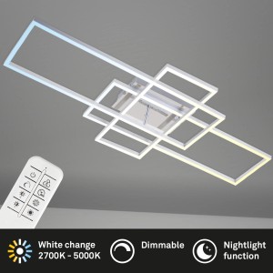 Plafoniera LED moderna con design geometrico e telecomando.