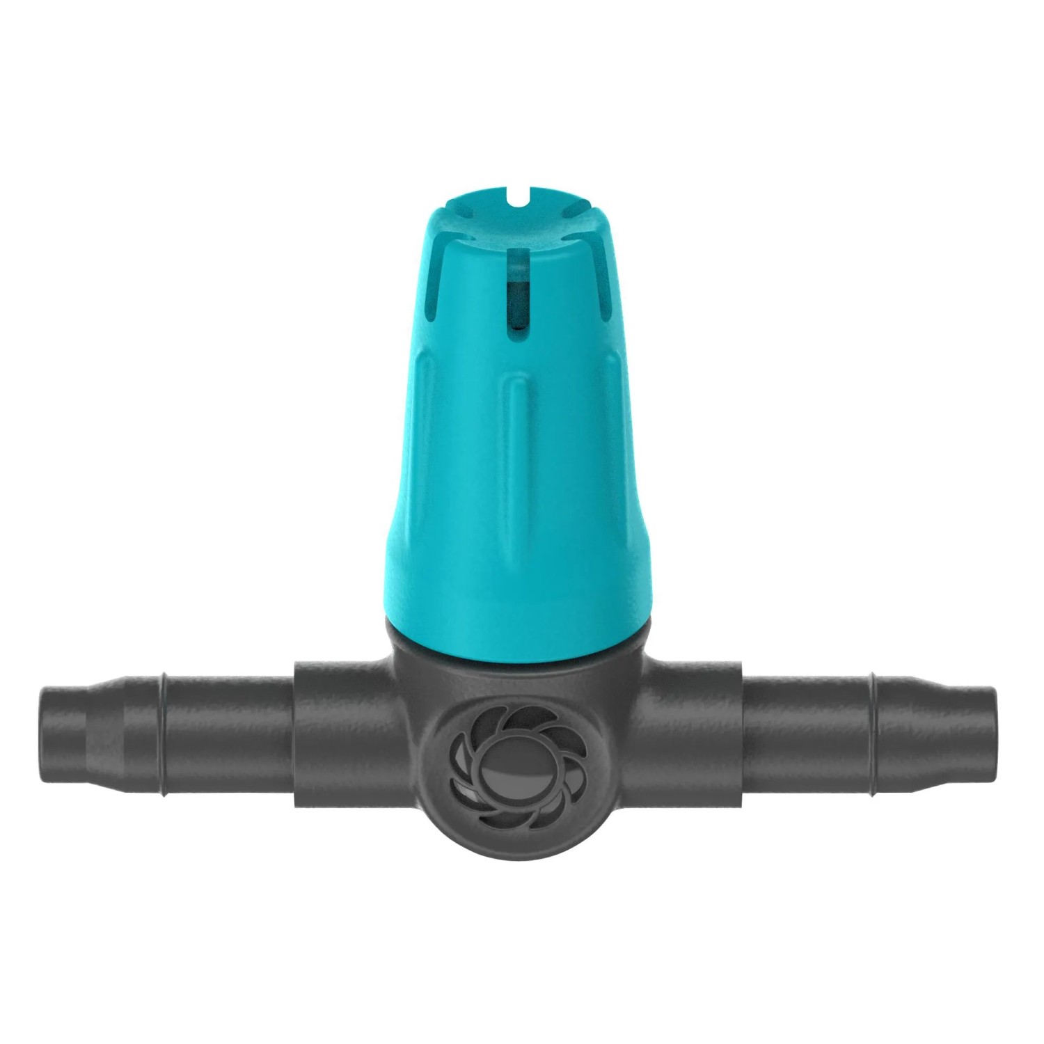 Raccordo a T per sistemi di irrigazione con regolatore blu.
