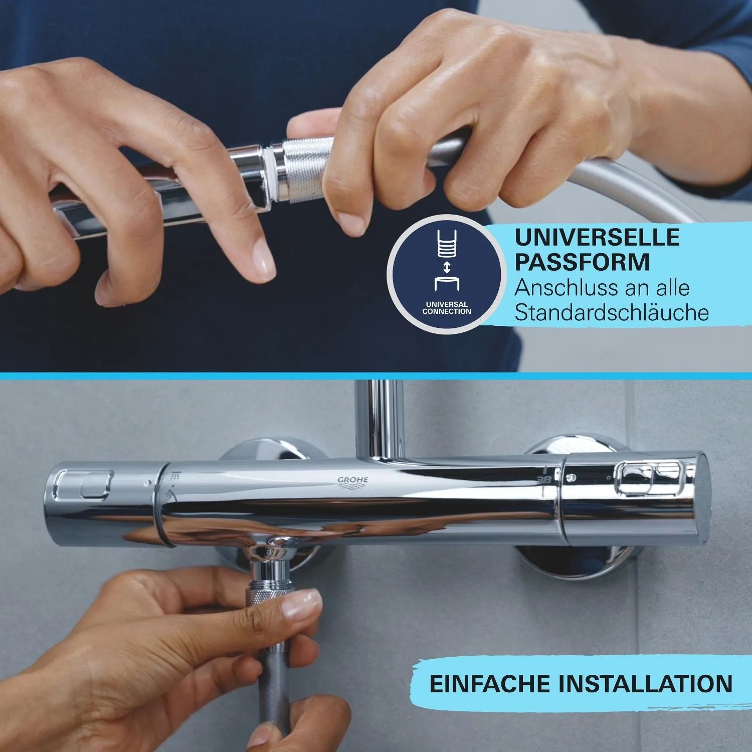 Installazione del soffione Grohe QuickFix Vitalio SmartActive 130 Cube cromato su un tubo doccia standard.