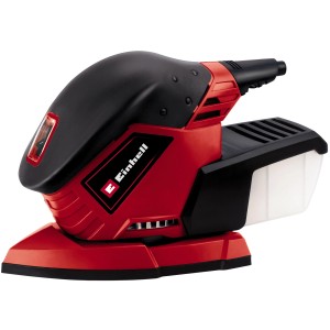 Einhell TE-OS 1320 multi levigatrice: Levigatrice orbitale rossa con scatola antipolvere e carta vetrata.