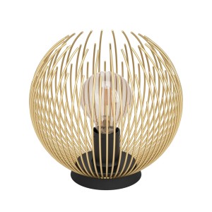 Lampada da scrivania t.b.t. dorata con design a sfera decorativo e base nera.