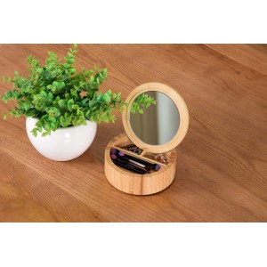 Specchio da trucco rotondo in bambù con scomparti per accessori trucco.