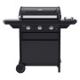 Barbecue a gas nero con tre bruciatori e ripiani laterali per giardino o patio.