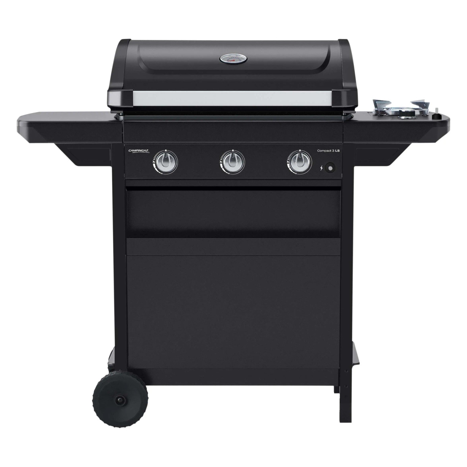 Barbecue a gas nero con tre bruciatori e ripiani laterali per giardino o patio.