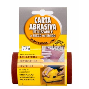Rotolo di carta abrasiva grana 220, utilizzabile su metallo, vernice e plastica.
