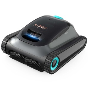 Robot per piscina Aiper Scuba S1 senza fili, nero/grigio con cingoli e luce blu.