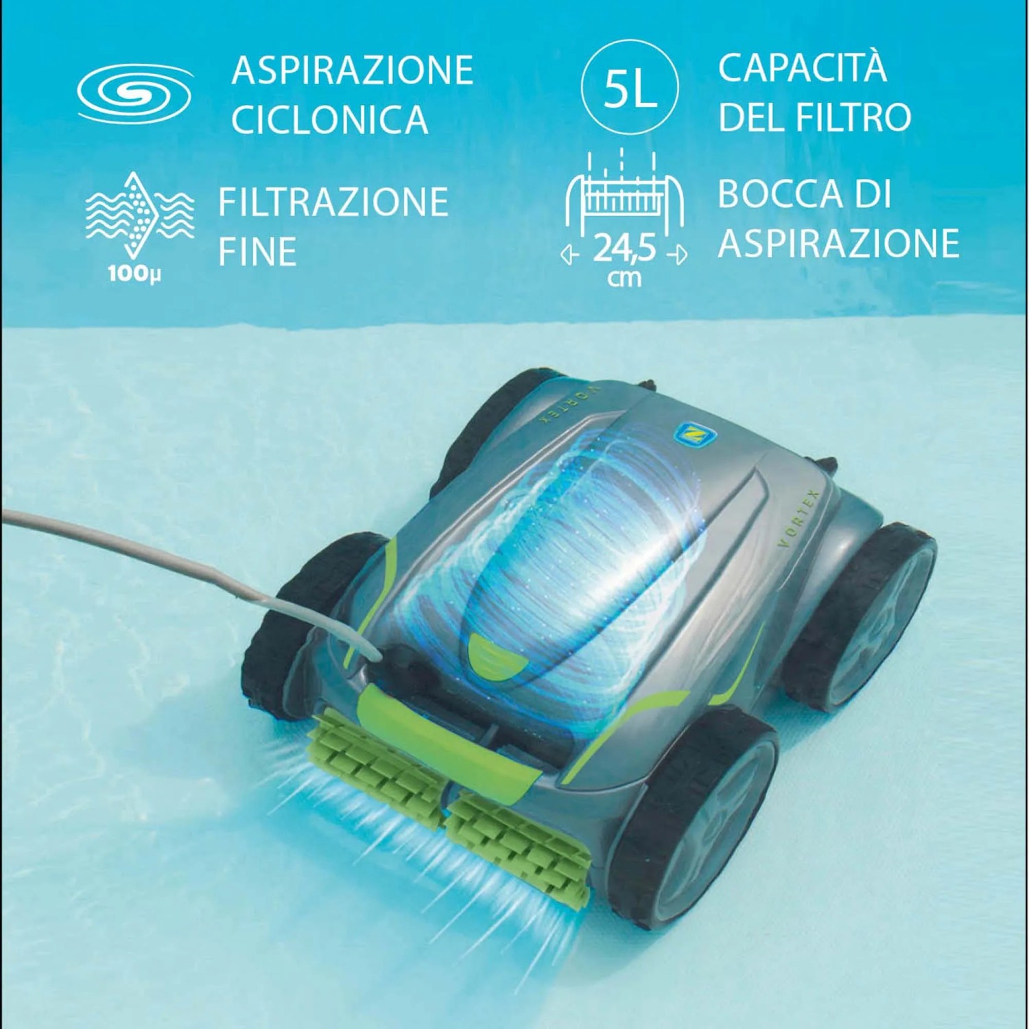 Robot pulitore per piscina Zodiac GV 5220 per pavimenti, pareti e linea di galleggiamento in grigio.