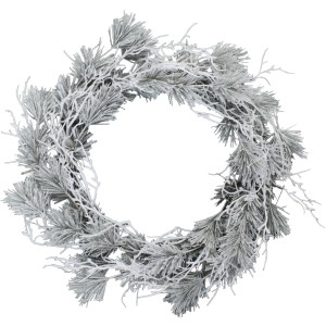 Ghirlanda natalizia decorativa argentata con effetto neve per un'atmosfera festosa.