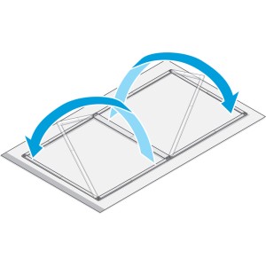 Illustrazione di una porta zanzariera pieghevole Tesa® bianca con meccanismo pieghevole e frecce blu.