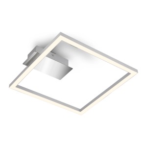 Moderna plafoniera LED Nici argentata con luce bianca calda e design squadrato.