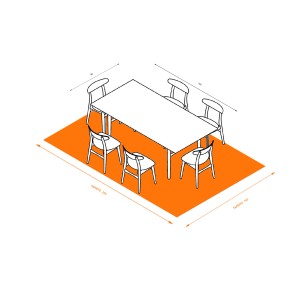 Illustrazione di un tappeto moderno sotto un tavolo da pranzo con sedie.