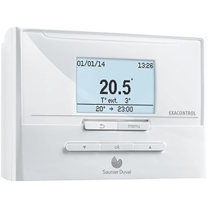 Termostato ambiente t.b.t. bianco con display digitale per impostazioni riscaldamento.