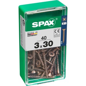 Viti per legno SPAX 3x30 mm in contenitore di plastica verde.