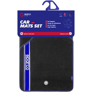 Set tappetini auto Sparco, nero con striscia blu e logo Sparco.