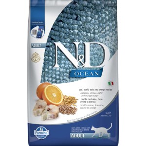 N&D Ocean cibo secco per gatti, Adult, con merluzzo, farro, avena e arancia.