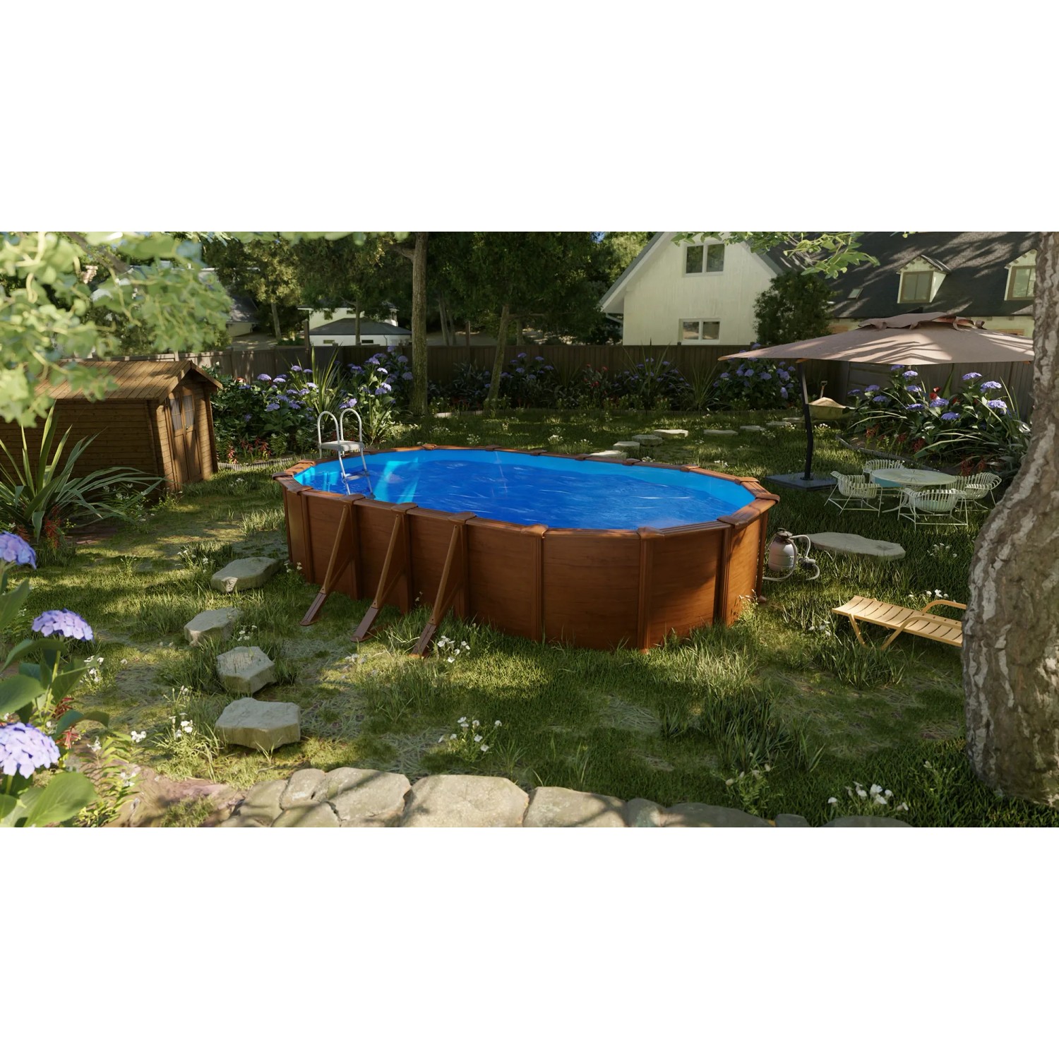 Piscina ovale Gre Pool Pacific effetto legno (610x375x120 cm) con scaletta in giardino.