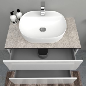 Mobile lavabo t.b.t. con lavabo da appoggio e due cassetti.