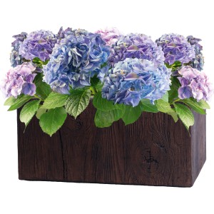 Fioriera marrone (21x21x49,5 cm) con struttura in legno, piantata con ortensie viola e blu.