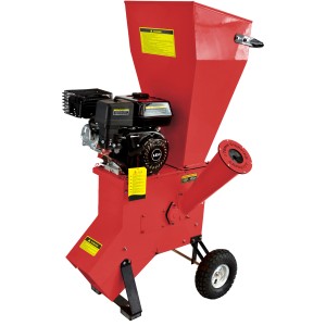 Biotrituratore a scoppio rosso con motore e ruote.