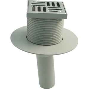 Scarico per balcone Marley con uscita verticale DN 50 in plastica grigia.