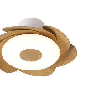 Ventilatore moderno con effetto legno e illuminazione LED.