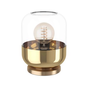 Lampada da tavolo di design con base dorata e paralume in vetro trasparente. Lampada decorativa.