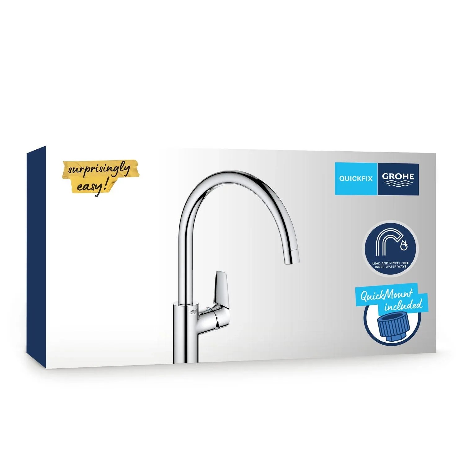 Confezione del miscelatore monocomando per lavello Grohe QuickFix Start Edge con bocca alta.