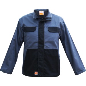 Giacca da lavoro blu con dettagli neri, categoria abbigliamento da lavoro.