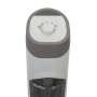 Dettaglio di un termoventilatore elettrico grigio e bianco con manopola per la regolazione della temperatura.