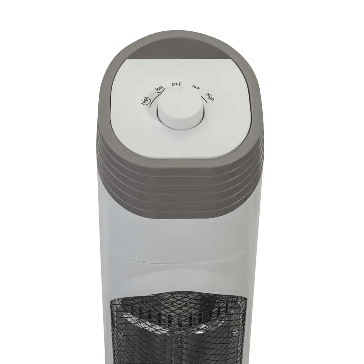 Dettaglio di un termoventilatore elettrico grigio e bianco con manopola per la regolazione della temperatura.